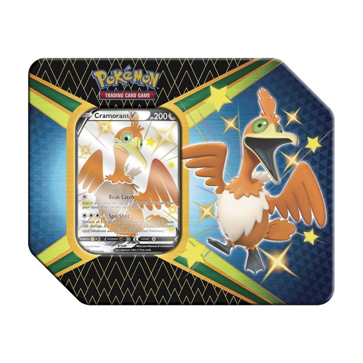 Introducing the Pokémon TCG: Shining Fates Collectors V Tin by The Pokémon Company, featuring a Cramorant V card illustrated in an excited pose against a striking black, blue, and gold geometric background with stars—an ideal choice for Shining Fates fans and collectors alike.