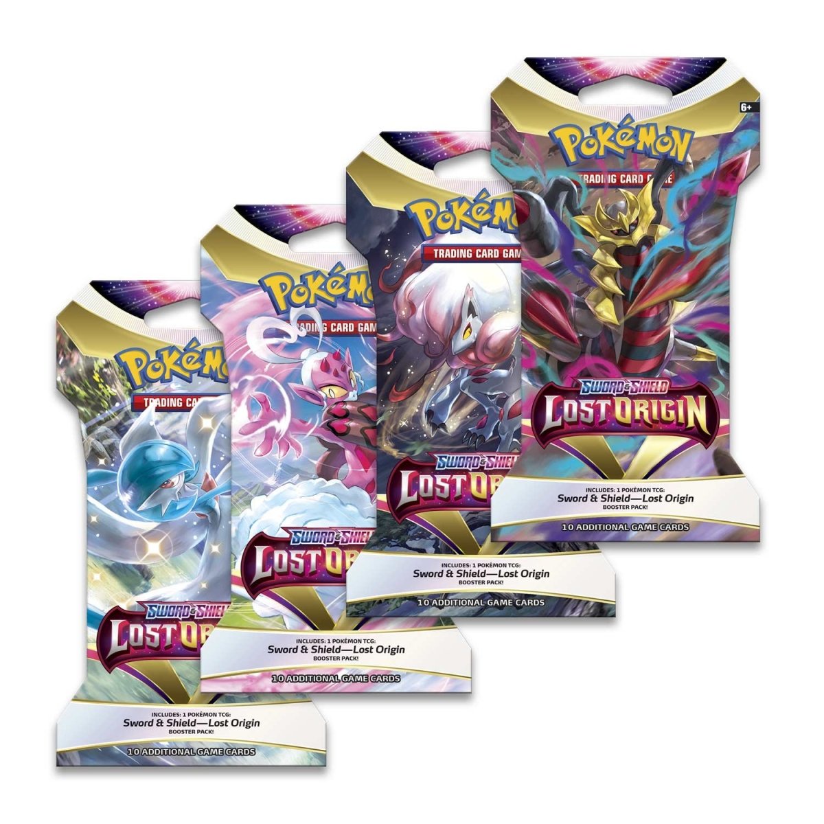 Four Pokémon TCG: Lost Origin Sleeved Booster Packs from The Pokémon Company are displayed, each showcasing unique Pokémon artwork and the iconic Pokémon logo at the top. Each pack contains collectible trading cards.