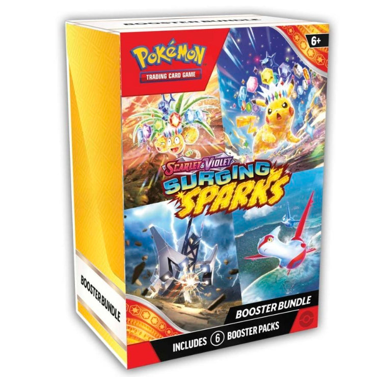 A Pokémon TCG: Surging Sparks Booster Bundle box from The Pokémon Company, showcasing vibrant Pokémon artwork, the official Pokémon logo, and text stating it contains 6 booster packs for ages 6 and up.