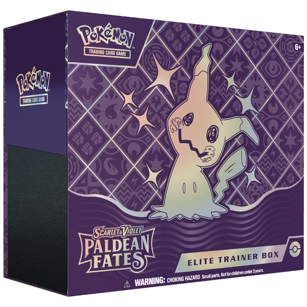 A case of 10 Pokémon TCG: Paldean Fates Elite Trainer Boxes (Scarlet & Violet) by The Pokémon Company, featuring Mimikyu on the cover and highlighting booster packs for collectors.