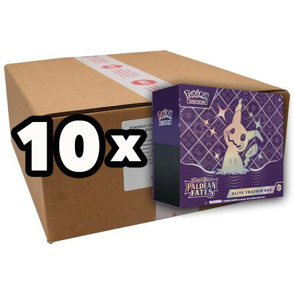 A case of 10 Pokémon TCG: Paldean Fates Elite Trainer Boxes (Scarlet & Violet) by The Pokémon Company, featuring Mimikyu on the cover and highlighting booster packs for collectors.