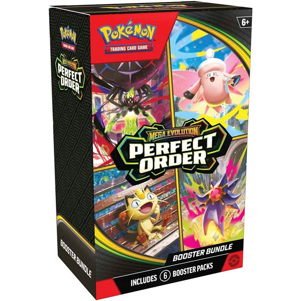 The Pokémon TCG: Perfect Order Booster Bundle by The Pokémon Company features vibrant artwork and contains 6 booster packs, suitable for ages 6 and up.