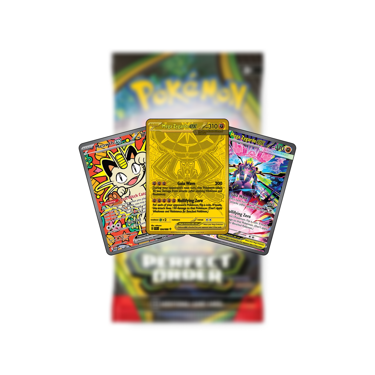Three Pokémon trading cards featuring Meowth and two versions of Mega Zygarde EX displayed in front of a [STREAMING] Aida - 30/09/2026 (Pokémon/Lorcana/One Piece) booster pack.