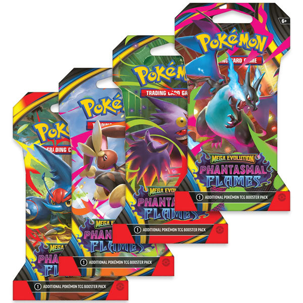 Four vibrant Pokémon TCG: Phantasmal Flames Sleeved Booster Packs from The Pokémon Company are displayed in a row, each showcasing unique dynamic artwork and different featured Pokémon on the packaging.