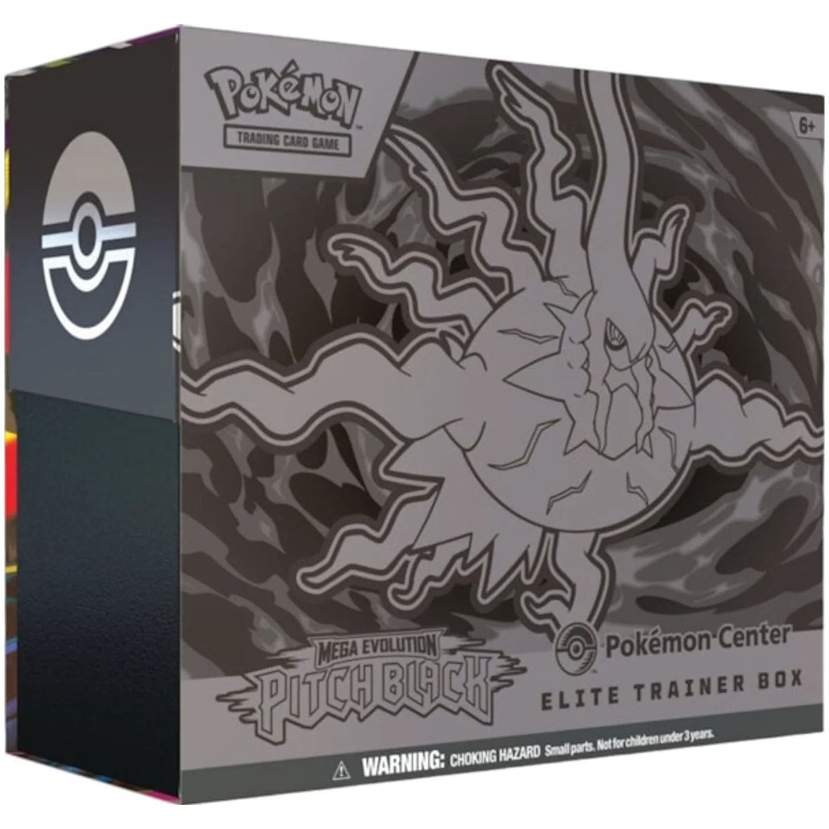 Experience the ultimate Pokémon TCG: Pitch Black Pokémon Center Elite Trainer Box from The Pokémon Company, showcasing a stunning grayscale design of Mega Evolution Pitch Black with sharp, bold line accents and a distinct warning label at the base. Officially branded with the Pokémon Center and Trading Card Game logos, this collectible box is a must-have addition for any dedicated Pokémon kort enthusiast.