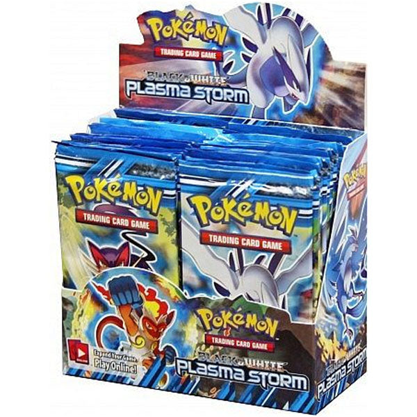 Display box of Pokémon TCG: Plasma Storm Booster Box by The Pokémon Company, featuring colorful packaging with Pokémon characters, the Plasma Storm logo, and Team Plasma highlights.