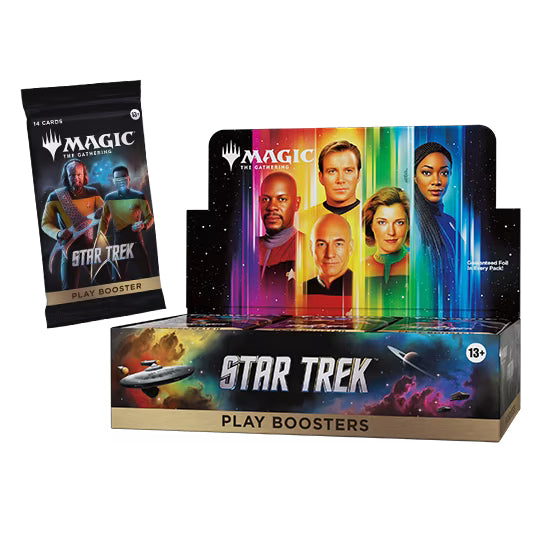 A Wizards of the Coast Magic: The Gathering – Star Trek Play Booster Display from the Universes Beyond series, showcasing portraits of iconic Star Trek characters set against a vibrant backdrop with a starship and planets below.