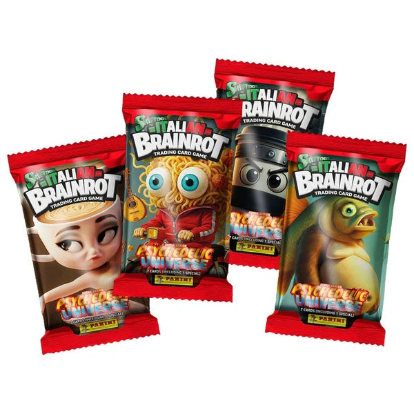 Four vibrant Panini: Italian Brainrot Psychedelic Universe Booster Packs, each starring a different cartoon character—an elf, curly-haired figure, robot, and fish.