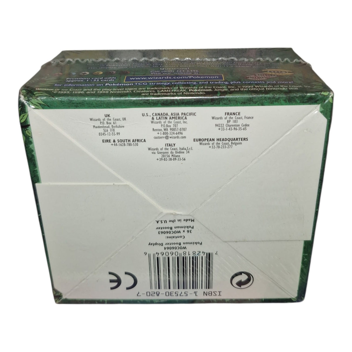 The image shows the bottom of a sealed Pokémon TCG: Jungle Booster Box - 1st Edition by The Pokémon Company, featuring manufacturing and distribution details, regional contacts, a barcode, recycling symbols, and a cardboard flap.