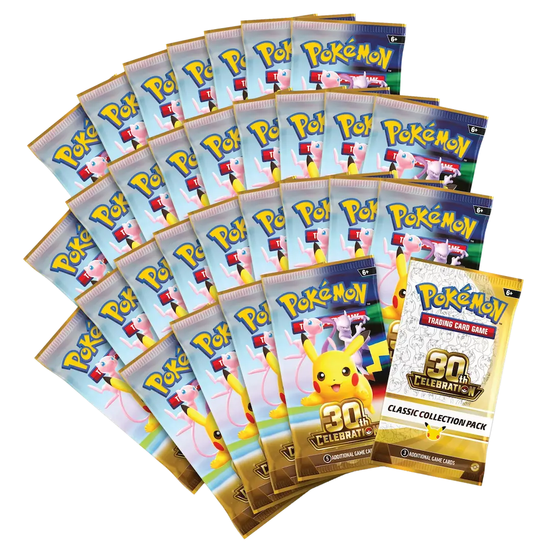 A fan-shaped display of Pokémon TCG booster packs, prominently featuring several blue packs and five gold 30th Celebration Classic Collection Pack cards from the highly sought-after Pokémon TCG: 30th Celebration Ultra-Premium Collections – Day & Night by The Pokémon Company, showcases Pikachu and commemorates the Pokémon Trading Card Game’s 30th anniversary.