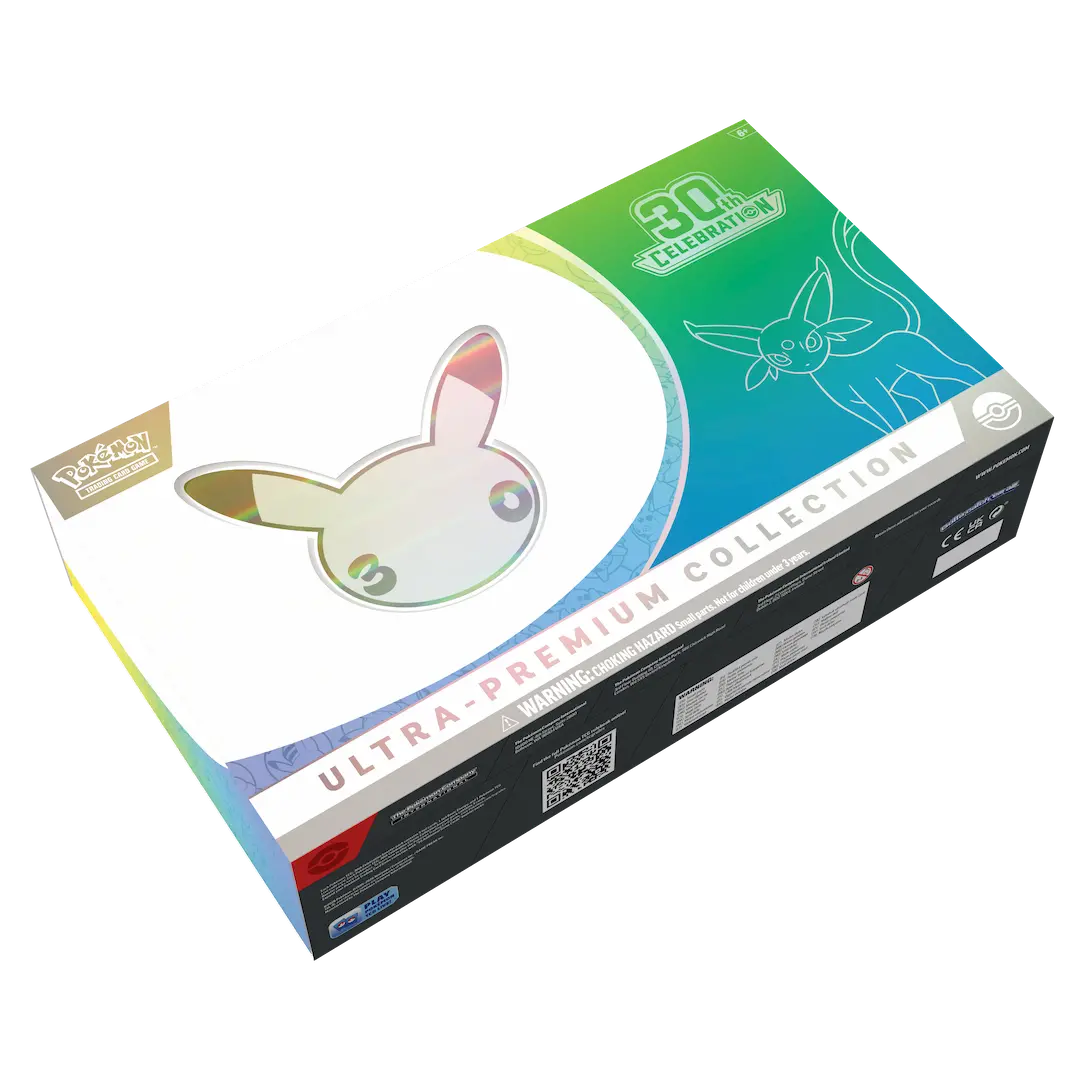 Introducing the Pokémon TCG: 30th Celebration Ultra-Premium Collections - Day & Night by The Pokémon Company, a commemorative set featuring striking packaging with a holographic Pikachu face and a vibrant green Eevee outline. Designed especially for the Pokémon TCG 30th Celebration, this exclusive box is packed with an outstanding assortment of booster packs and collectible items that will captivate both new players and seasoned collectors.