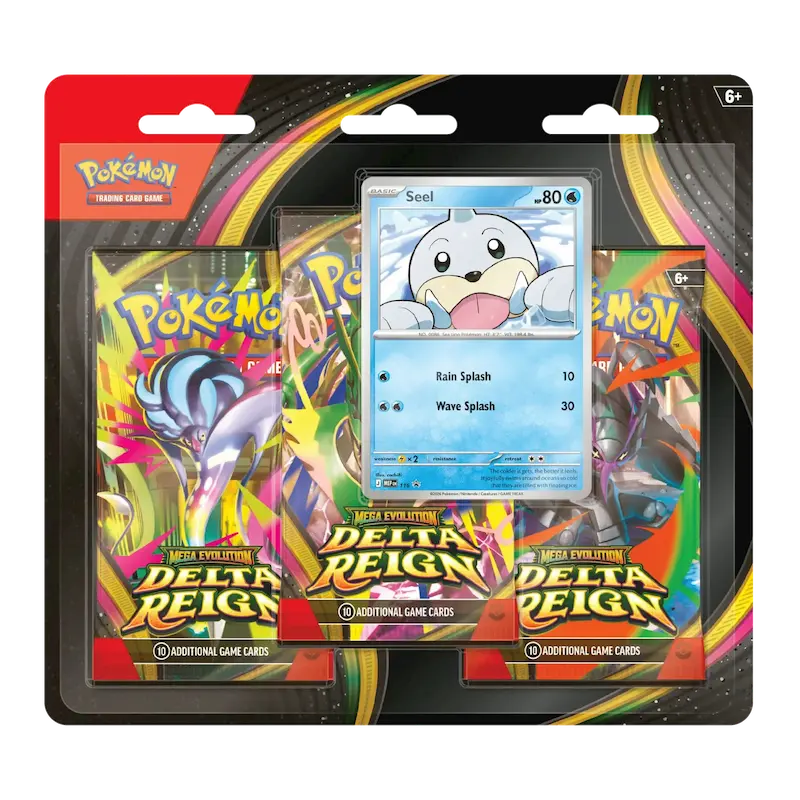 The Pokémon Company’s Pokémon TCG: Delta Reign - Seel 3-Pack Blister includes three booster packs and a prominently displayed Seel card in vibrant packaging—an ideal choice for collectors and fans of Mega Evolution Promos.