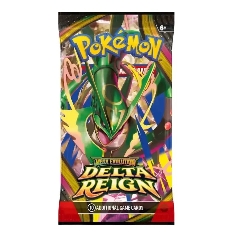 A Pokémon TCG: Delta Reign Booster Pack by The Pokémon Company, showcasing a vibrant and dynamic design with a prominent Mega Evolution Pokémon on the front and the “Delta Reign” title at the bottom. Recommended for ages 6 and up.