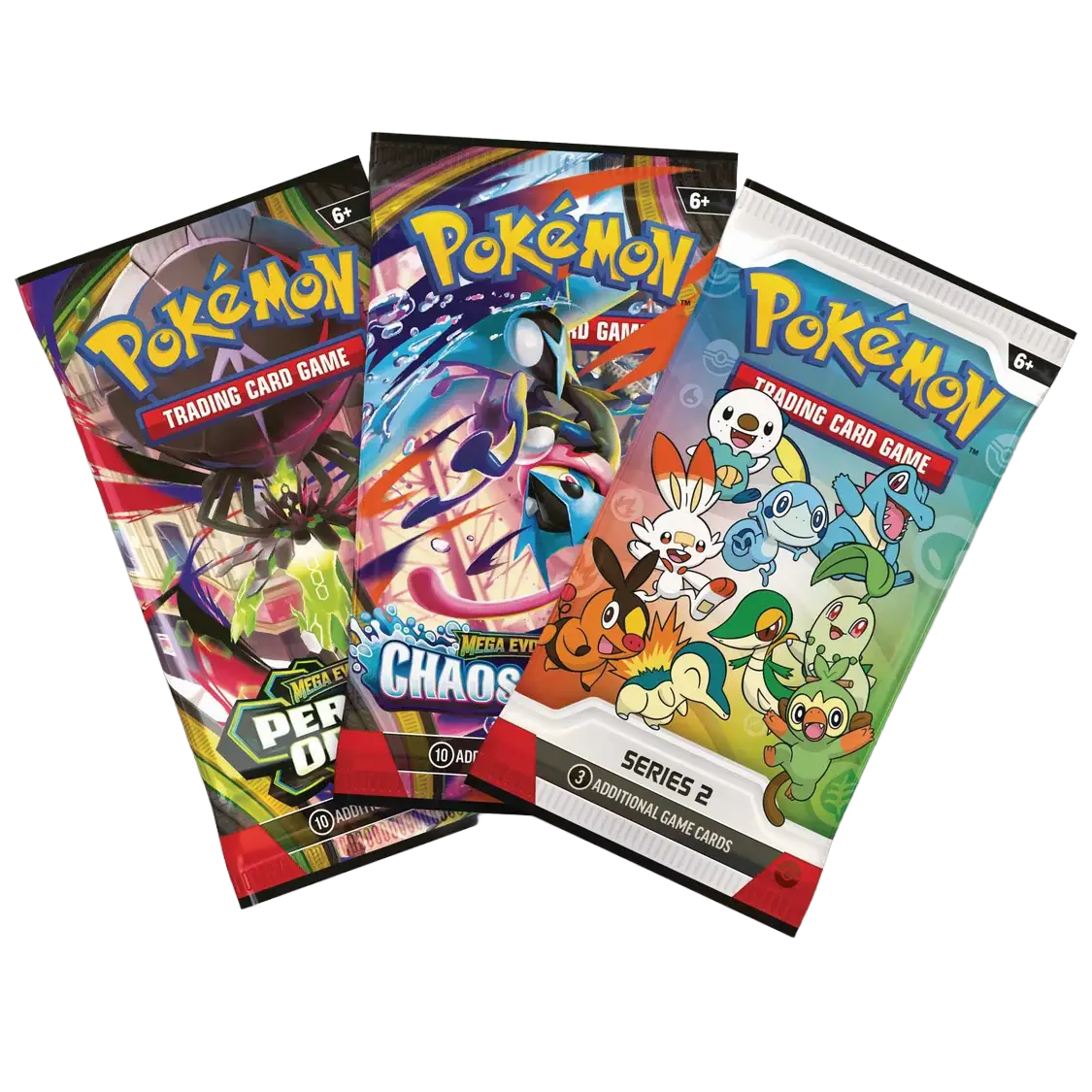 Three booster packs are shown side by side with vibrant art and The Pokémon Company branding, as part of the sealed Pokémon TCG: First Partner Illustration Collection - Series 2 box.
