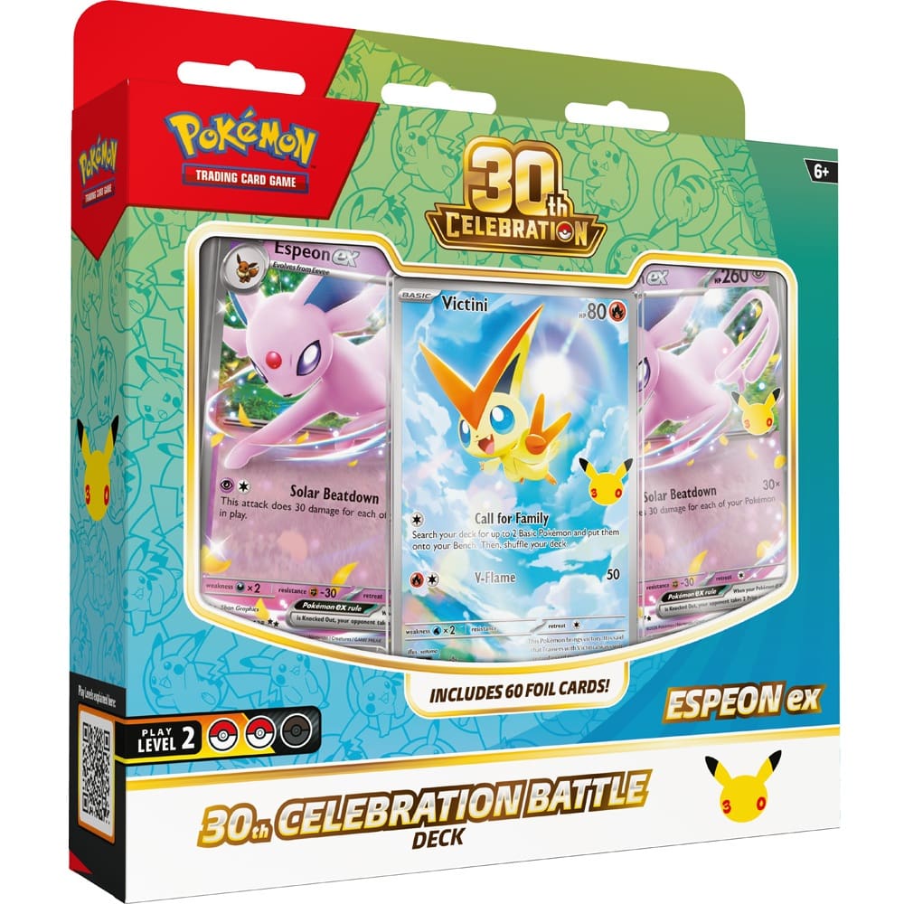 The Pokémon TCG: 30th Celebration Battle Deck by The Pokémon Company features Espeon ex, plus visible Espeon ex and Victini cards, with the Pokémon logo and a "Includes 60 foil cards!" text on the box.