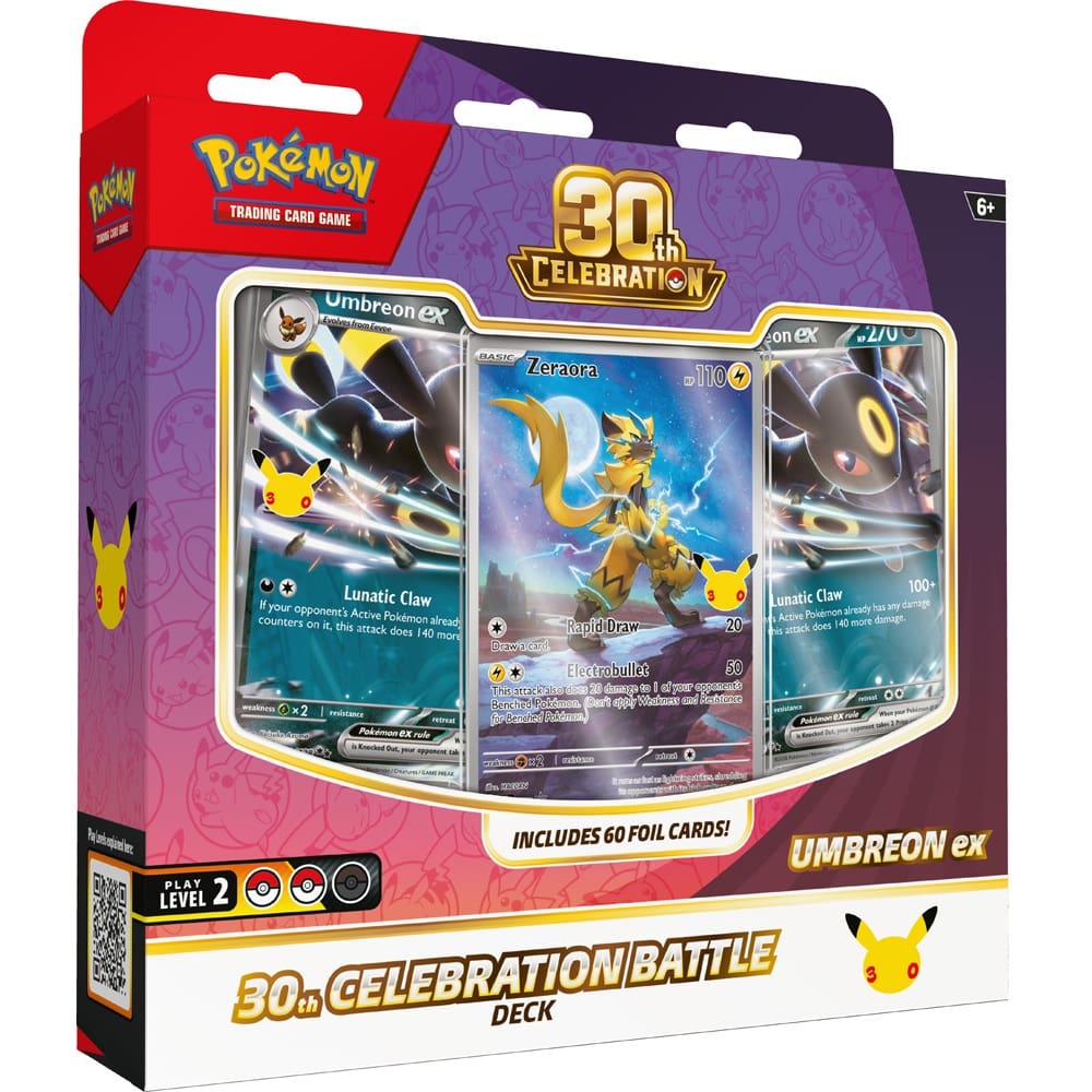 The Pokémon TCG: 30th Celebration Battle Deck by The Pokémon Company features Espeon ex, plus visible Espeon ex and Victini cards, with the Pokémon logo and a "Includes 60 foil cards!" text on the box.