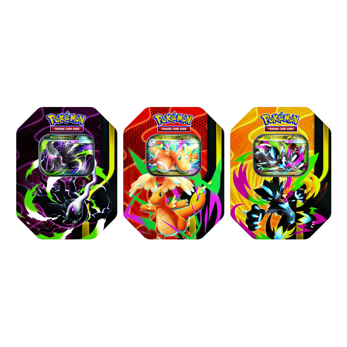 Three octagonal Pokémon TCG: Mega Forces Tins featuring artwork of Darkrai, Dragonite, and Lucario, each displaying a foil card through a window.