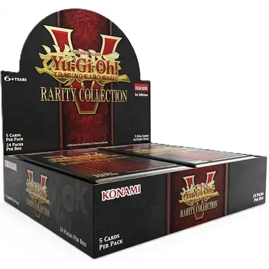A first edition Yu-Gi-Oh!: Rarity Collection Booster Display by Konami, featuring multiple booster packs visible inside a predominantly black box with striking gold and red accents.