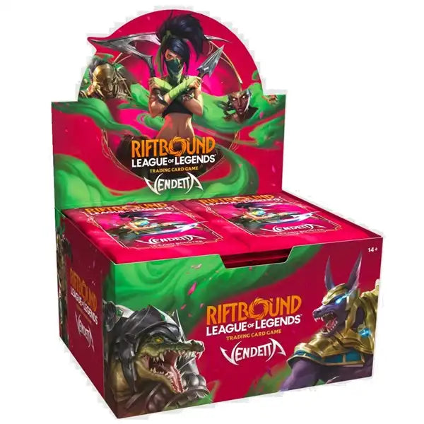 Riftbound: League of Legends TCG - Vendetta Booster Box (Set 04) featuring illustrated fantasy characters on the packaging.