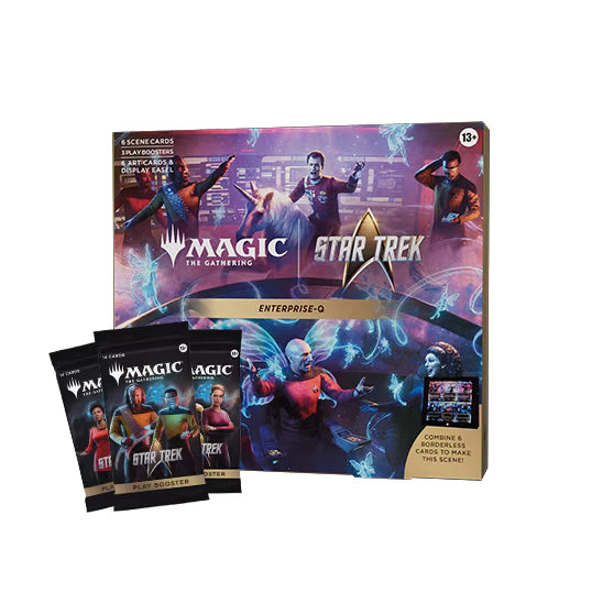 Magic: The Gathering - Star Trek Scene Boxes featuring an Enterprise-Q scene with crew members and three Universes Beyond booster packs.