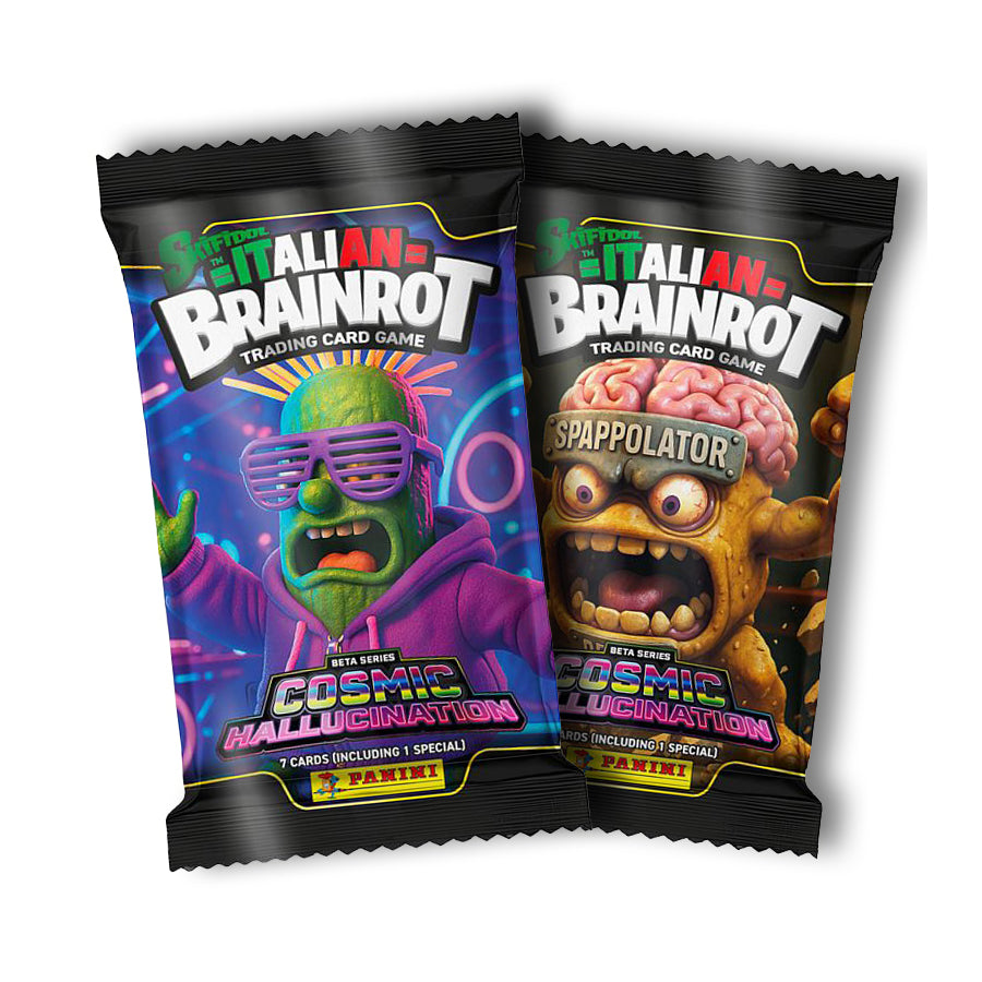 Two Panini: Skifidol Italian Brainrot TCG: Beta Series: Cosmic Hallucination - Booster Pack packs, each featuring a different cartoon monster character.
