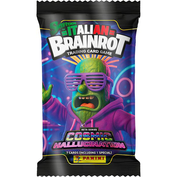 Two Panini: Skifidol Italian Brainrot TCG: Beta Series: Cosmic Hallucination - Booster Pack packs, each featuring a different cartoon monster character.