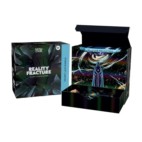 A box labeled Magic: The Gathering – Reality Fracture Secret Lair Bundle by Wizards of the Coast, showcasing a shattered glass design, text indicating it contains 2 collector boosters, and a 13+ age rating in the top right corner.