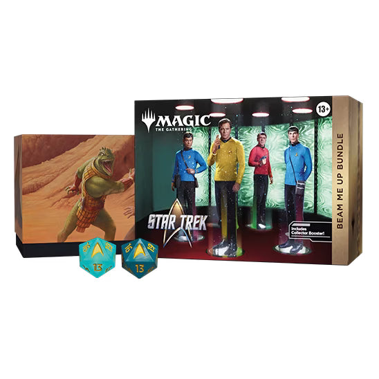The Wizards of the Coast Magic: The Gathering - Star Trek Beam Me Up Bundles feature four iconic Star Trek characters in transporter beams set against a striking green sci-fi backdrop, highlighting the Universes Beyond crossover. This collector’s box, recommended for ages 13 and up, is an ideal choice for fans of both Magic: The Gathering and the Beam Me Up Bundles experience.