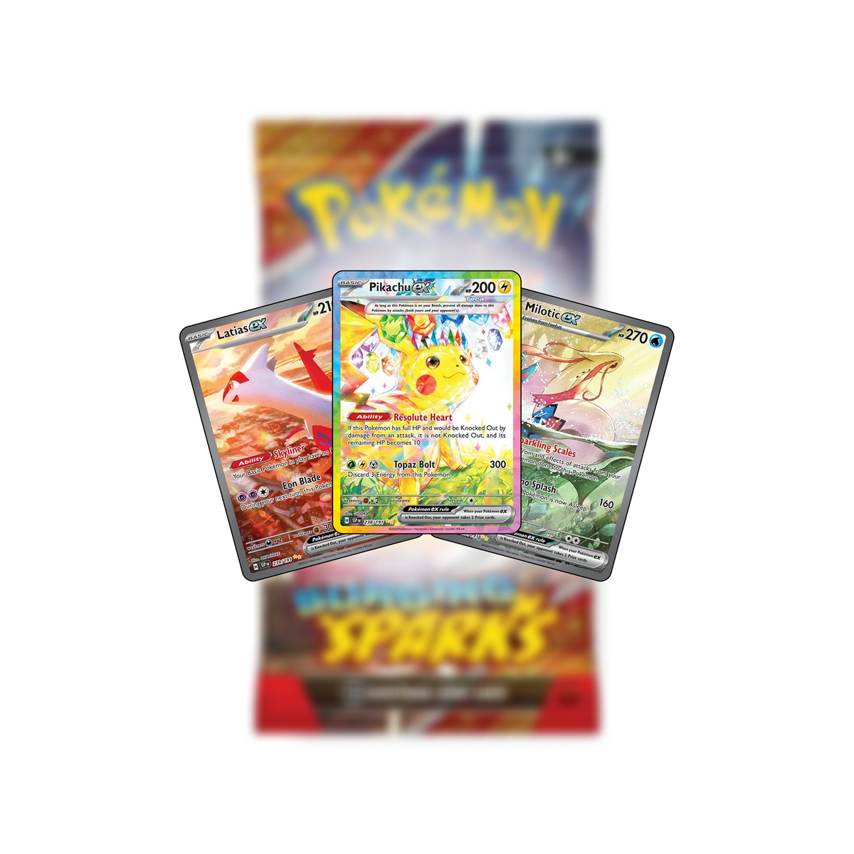 Three Pokémon TCG cards featuring Latias ex, Pikachu ex, and Milotic ex displayed in front of a blurred Destined Rivals booster pack from [STREAMING] Aida - 30/09/2026 (Pokémon/Lorcana/One Piece).