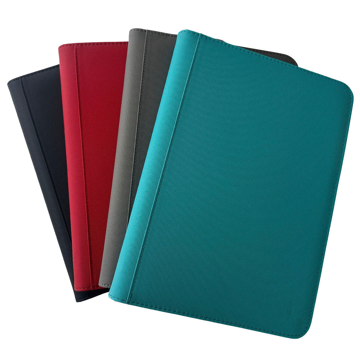 Four TCGpicks: Samlekortmappe [480 pockets 4X3] binders from Ml Trading—in black, red, gray, and teal—are arranged in a fanned-out display against a white background, perfect for organizing your trading cards with ample space for up to 480 lommer.