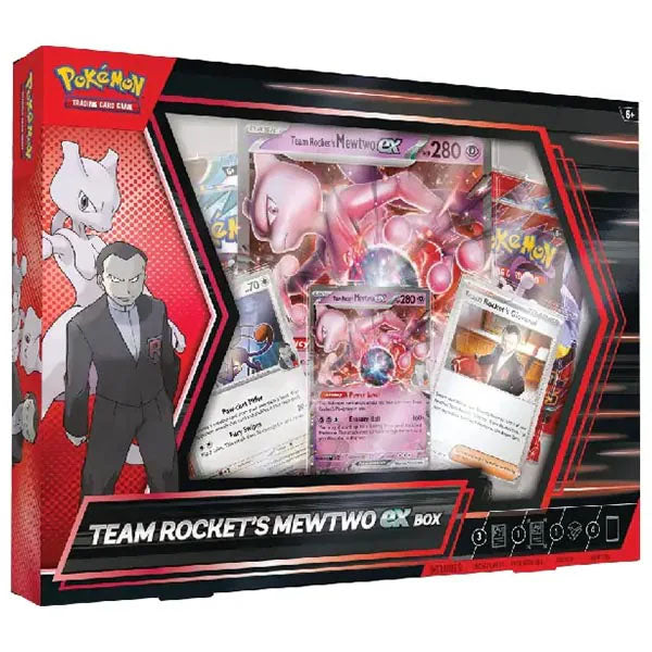 The Pokémon TCG: Team Rocket's Mewtwo ex Box by The Pokémon Company features holographic Mewtwo cards, Team Rocket branding, and Scarlet & Violet booster packs—ideal for expanding your Pokémon TCG collection.