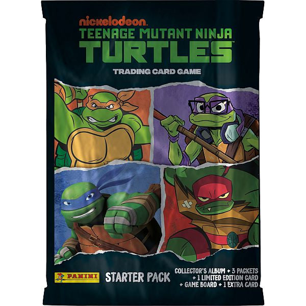 Panini: Teenage Mutant Ninja Turtles TCG - Starter Pack featuring the four turtles and text listing the contents: a collectors album, three packets, one limited edition card, a game board, and one extra card.