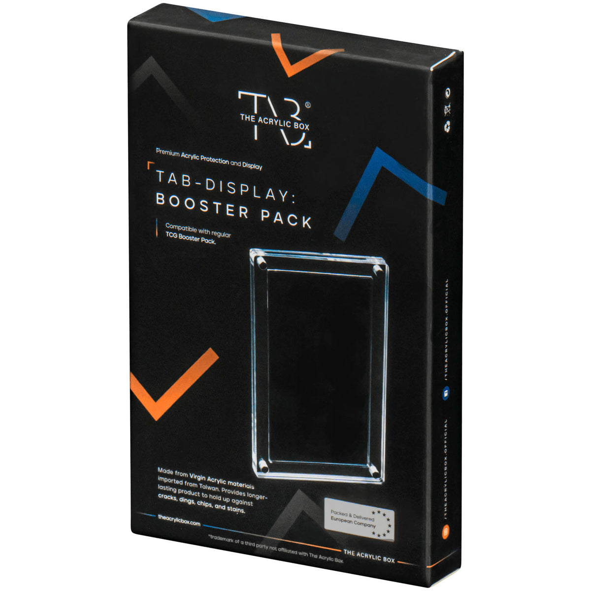 A black rectangular box labeled The Acrylic Box: Booster Pack Akryl Case showcases a clear acrylic case with UV-beskyttelse in the center, highlighted by multicolored chevrons and distinctive The Acrylic Box branding.