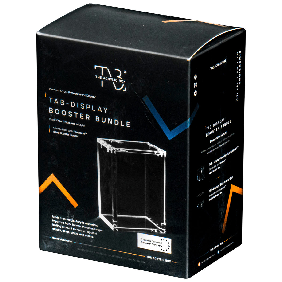 A black box labeled The Acrylic Box: Pokémon Booster Bundle Akryl Case from The Pokémon Company, featuring a line drawing of an akryl case on the front for optimal beskyttelse of your Pokémon booster bundle.