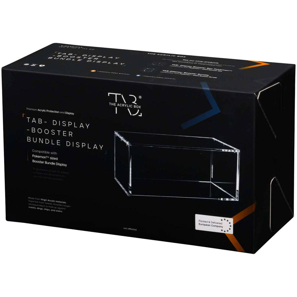 Sure! Here’s the rewritten sentence using your product data: Black rectangular box for The Acrylic Box: Pokémon Booster Bundle Display Akryl Case by The Pokémon Company. The packaging features an image of the clear acrylic case designed specifically for Pokémon Booster Bundle Display, with optimal protection and product details highlighted in white and blue text on the front and sides.