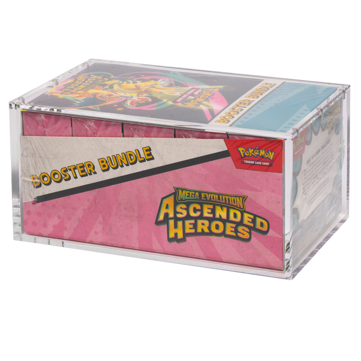 A sealed box of Pokémon Trading Card Game: Mega Evolution Ascended Heroes Booster Bundle by The Pokémon Company, featuring vibrant packaging, is elegantly displayed within The Acrylic Box: Pokémon Booster Bundle Display Akryl Case for optimal protection—making it the ideal display solution for your Pokémon collection.