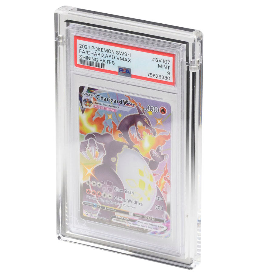 A 2021 Pokémon Charizard VMAX card from Shining Fates, graded PSA Mint 9, is displayed in The Acrylic Box: Premium Graded Card Akryl Case by The Acrylic Box.