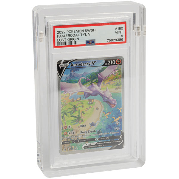 Black retail box for The Acrylic Box: Trophy Graded Card Akryl Case by The Acrylic Box, featuring a clear akryl display case image with UV-beskyttelse, geometric blue and orange designs, and product information in white text.