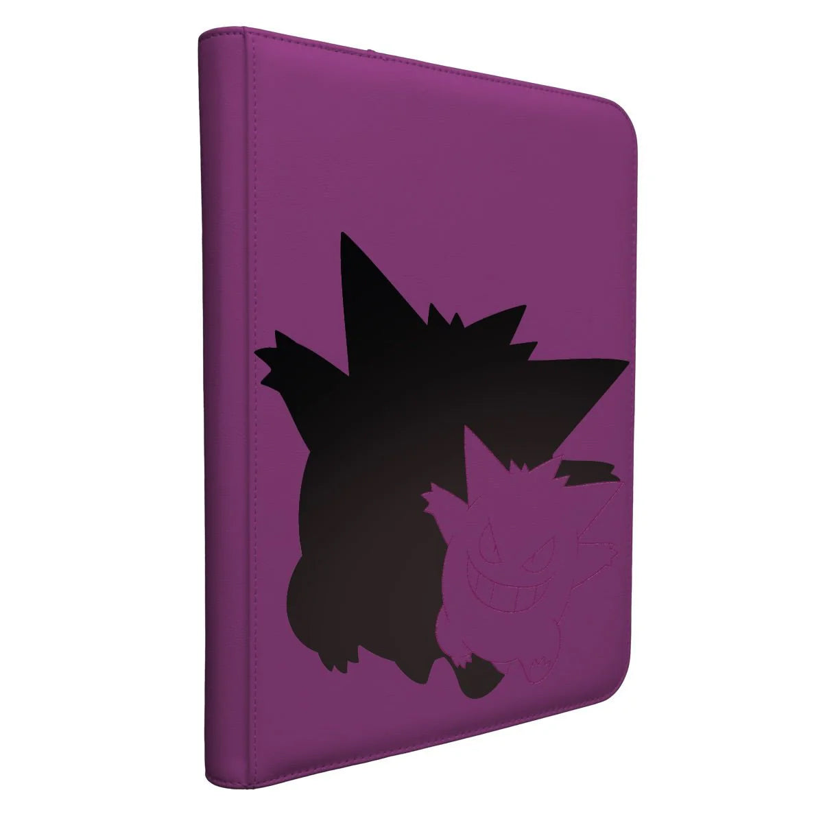 The Ultra Pro 9 Pocket Zip Pro Binder - Gengar by Ultra Pro features a purple cover with a black Gengar silhouette and embossed outline, offering stylish and secure Pokémon kort opbevaring for your card collection.
