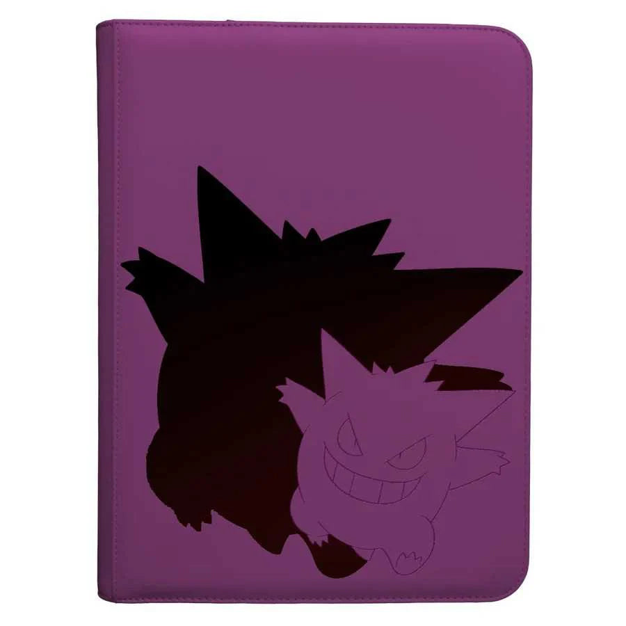 The Ultra Pro 9 Pocket Zip Pro Binder - Gengar by Ultra Pro is a purple Pokémon card binder with a dark silhouette and lighter, grinning Gengar design on the front cover.