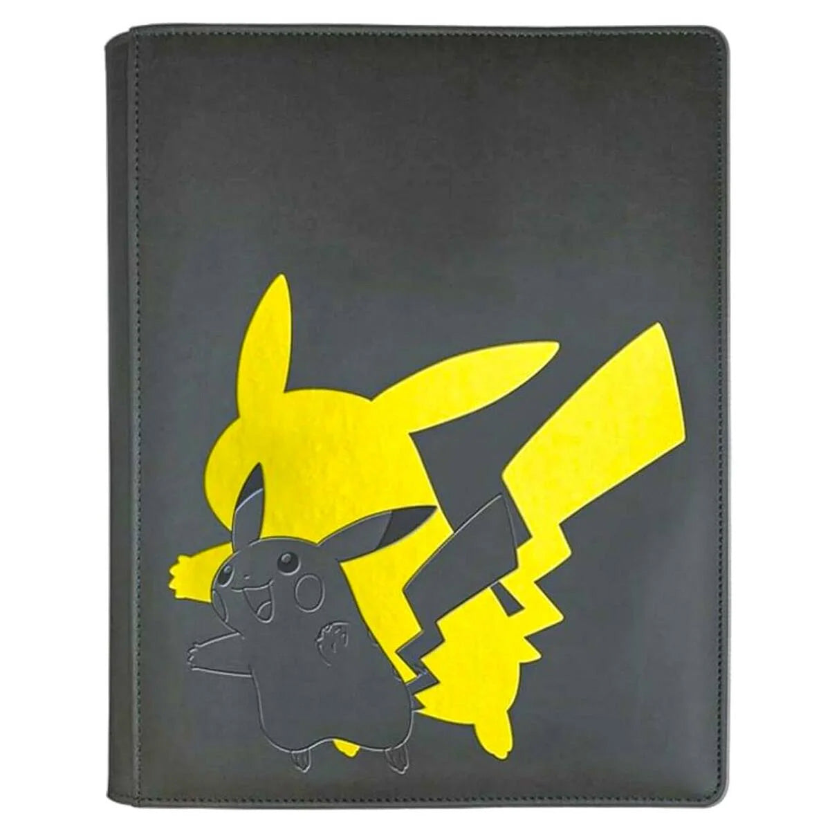 The Ultra Pro 9 Pocket Zip Pro Binder - Pikachu by Ultra Pro features a yellow Pikachu silhouette in the background and an embossed Pikachu outline—ideal for organizing your Pokémon kort collection.