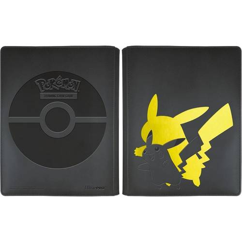 The Ultra Pro 9 Pocket Zip Pro Binder - Pikachu by Ultra Pro features a yellow Pikachu silhouette in the background and an embossed Pikachu outline—ideal for organizing your Pokémon kort collection.