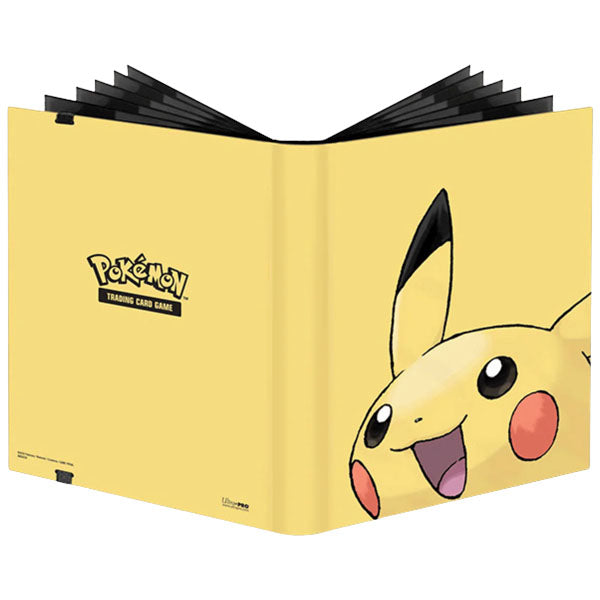 The Ultra Pro: Pikachu 9-Pocket Pro-Binder - Samlemappe features a cheerful Pikachu face on the cover, black card pages inside, and the Pokémon Trading Card Game logo—perfect for organizing and displaying your Pokémon samlekort.
