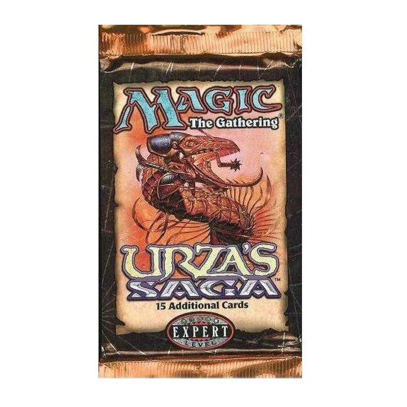 A sealed Wizards of the Coast Magic: The Gathering - Urza’s Saga Booster Pack, labeled “15 Additional Cards” and “Expert Level,” featuring fantasy artwork of a mechanical dragon.