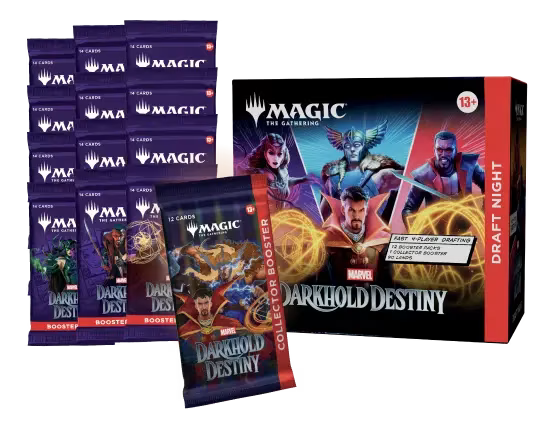Magic: The Gathering - Marvel Darkhold Destiny Draft Night card game box featuring Scarlet Witch, Thor, Blade, and Doctor Strange, with text indicating it includes 12 booster packs, 1 collector booster, and 90 lands for a 4-player draft.