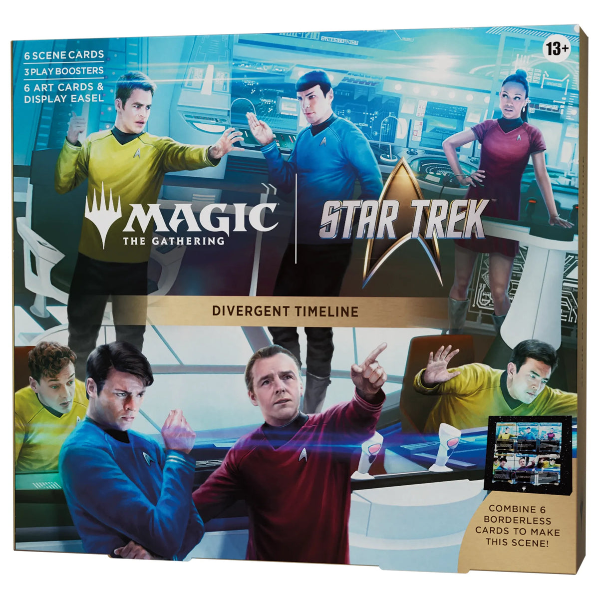A Magic: The Gathering - Star Trek Scene Boxes featuring characters and glowing fairies, including 6 scene cards, 3 play boosters, 6 art cards, and a display easel.