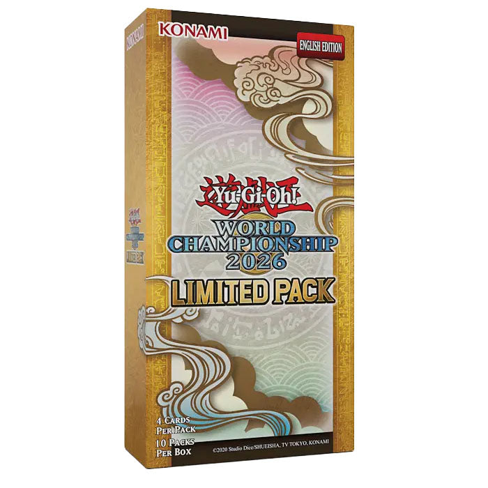 Introducing the Yu-Gi-Oh!: Limited Pack World Championship 2026 Booster Box from Konami. This exclusive LP26 booster box features a striking gold border, elegant cloud motif, and clearly displays “4 cards per pack” and “10 packs per box.” The English Edition label and Konami logo are prominently featured at the top. A must-have for both collectors and dueling enthusiasts.