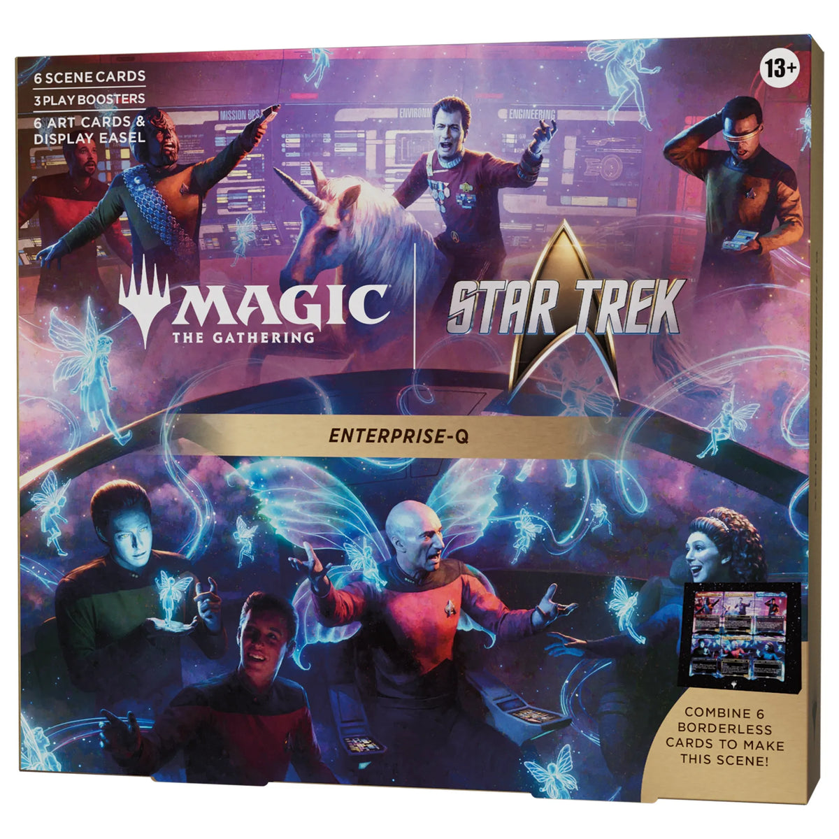 A Magic: The Gathering - Star Trek Scene Boxes featuring characters and glowing fairies, including 6 scene cards, 3 play boosters, 6 art cards, and a display easel.