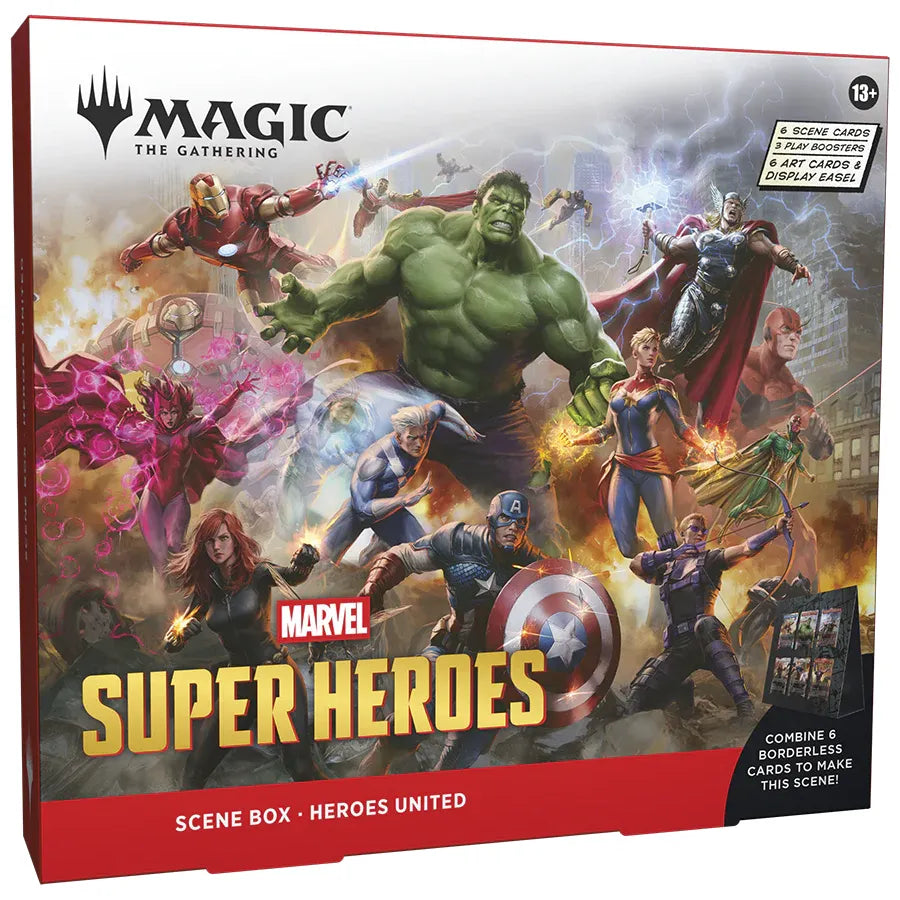 The Magic: The Gathering - Marvel Super Heroes Scene Box by Wizards of the Coast showcases Hulk, Captain America, Thor, Iron Man, Scarlet Witch, Spider-Man, and Black Panther in dynamic poses with a fiery background.