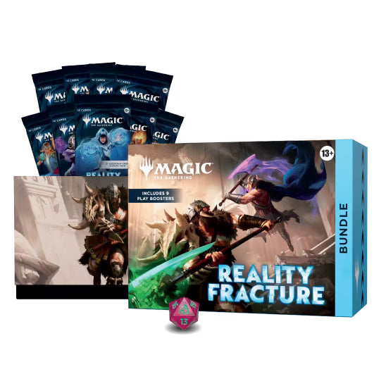 Wizards of the Coast Magic: The Gathering – Reality Fracture Bundle box showcases two armored warriors in combat, one draped in purple, and includes 9 Play Boosters. Suitable for ages 13 and up.